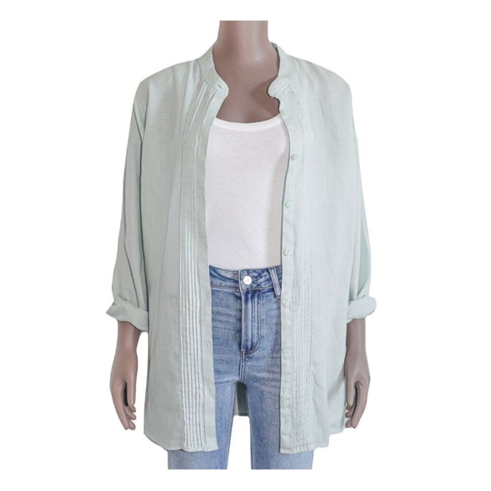 LL Bean Linen Blue Pintuck Button Down Shirt Oversized Casual Womens Size XL